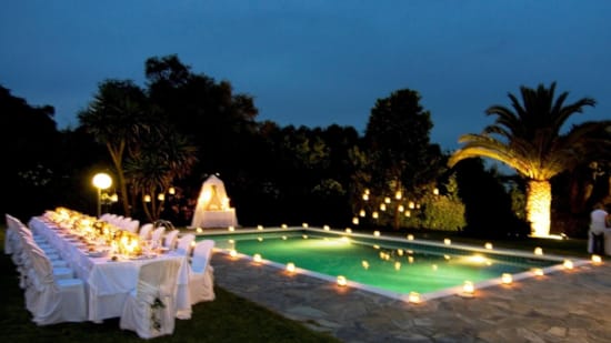 a pool with lights on it