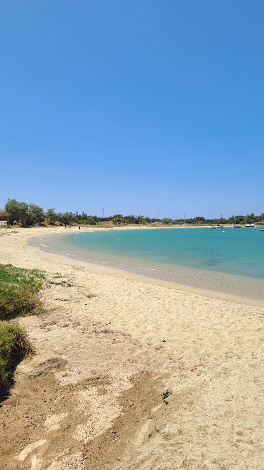 a sandy beach with blue water