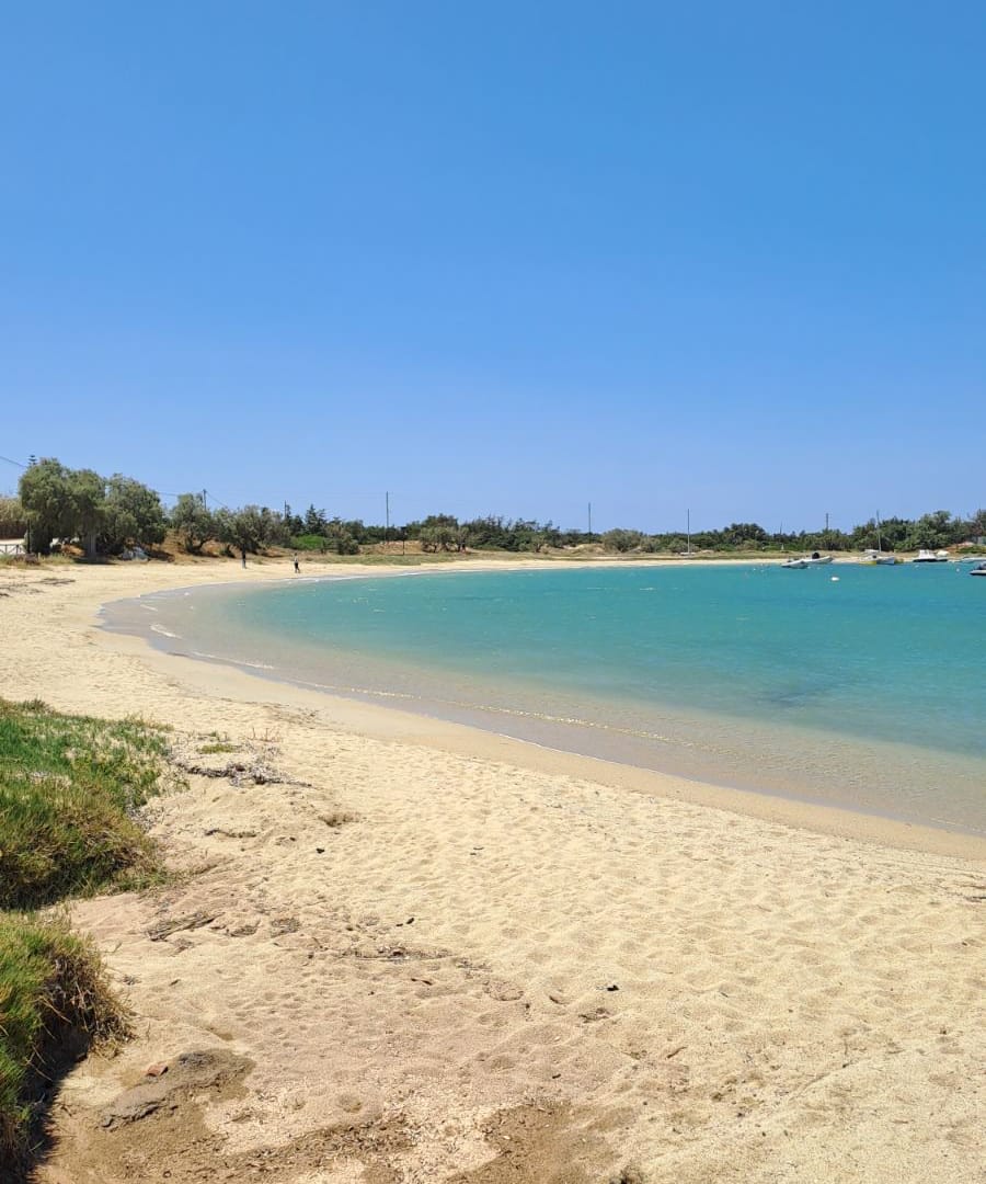 a sandy beach with blue water