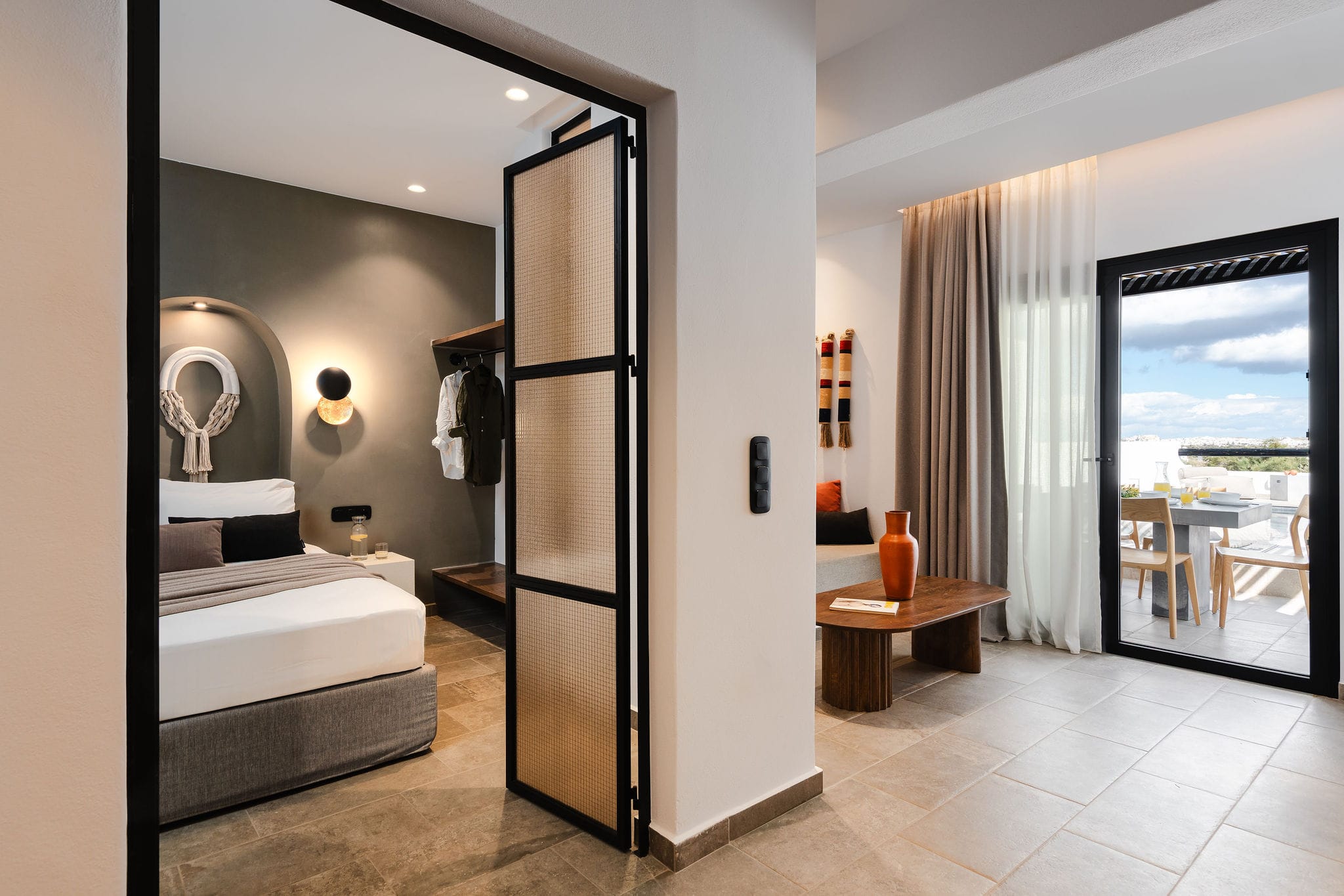 a bathroom with a glass door