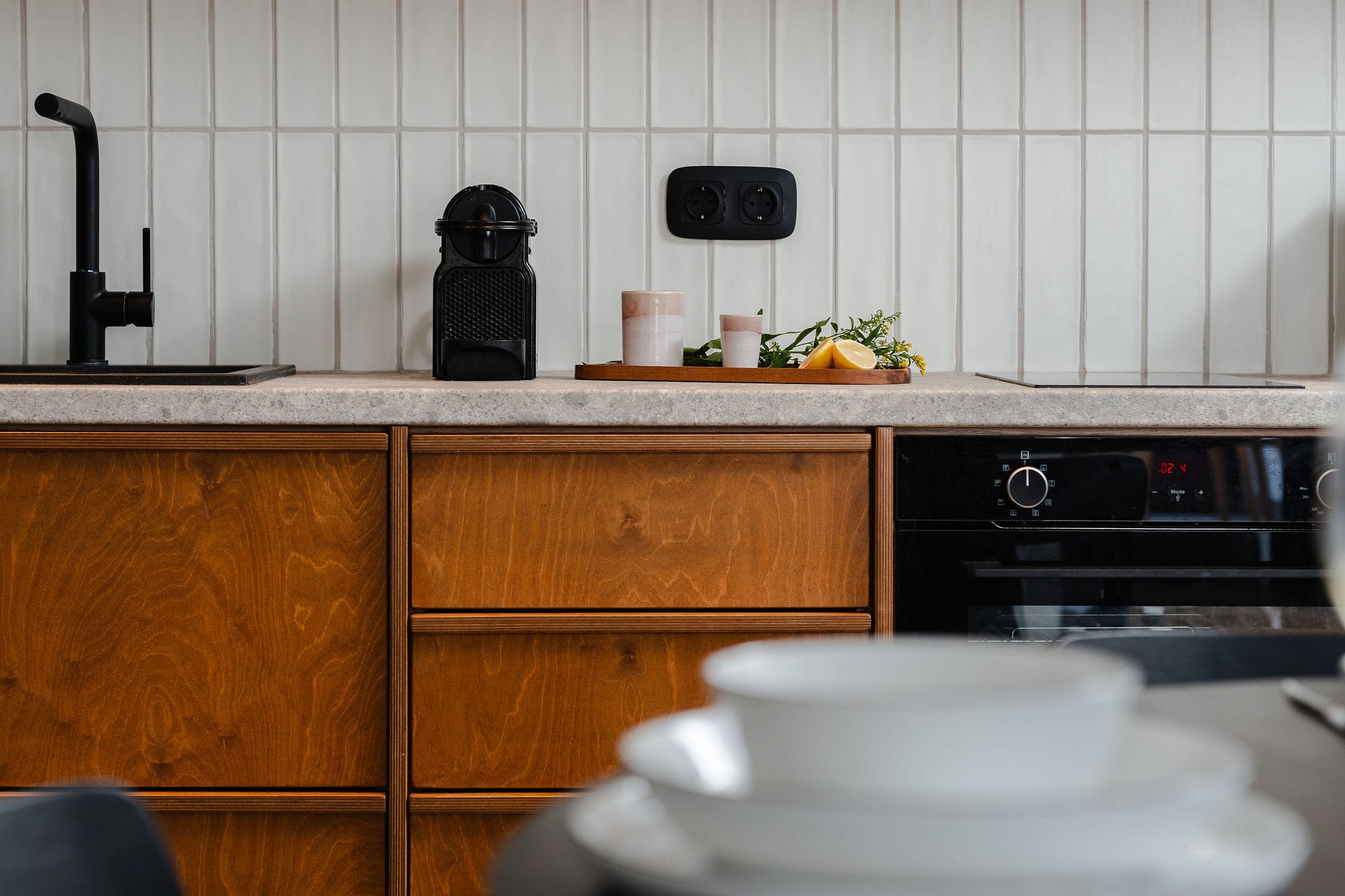 a kitchen with a countertop and a stove