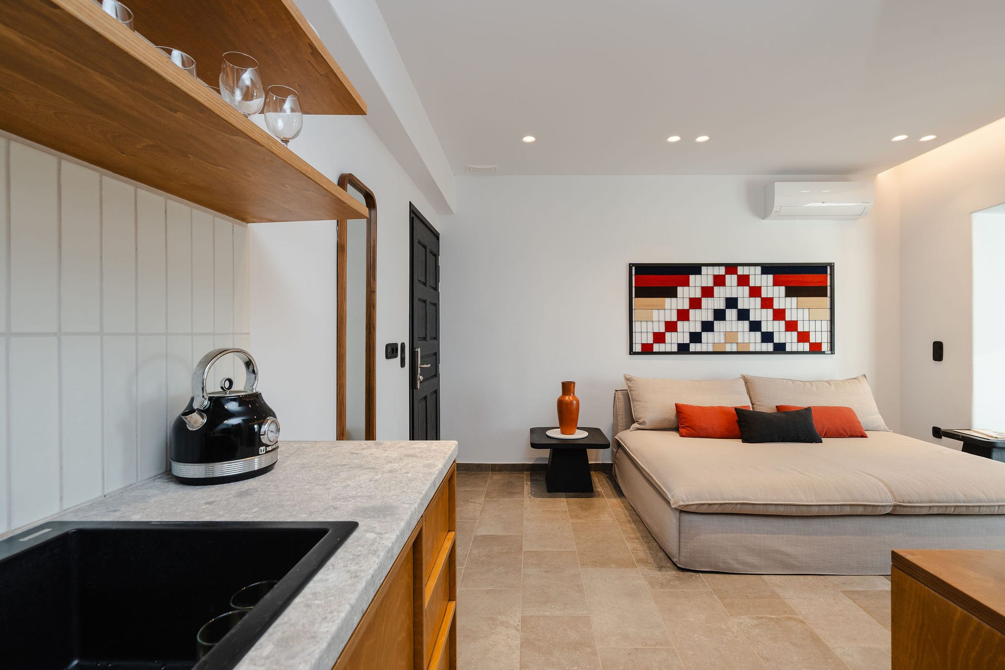 a living room with a couch and a table