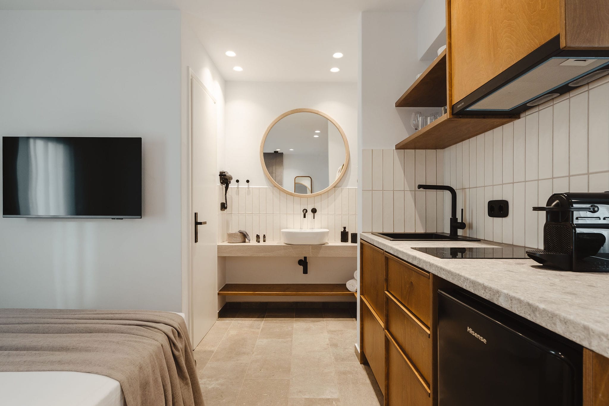 a bathroom with a large mirror