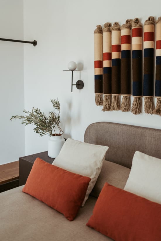 a couch with pillows and a plant