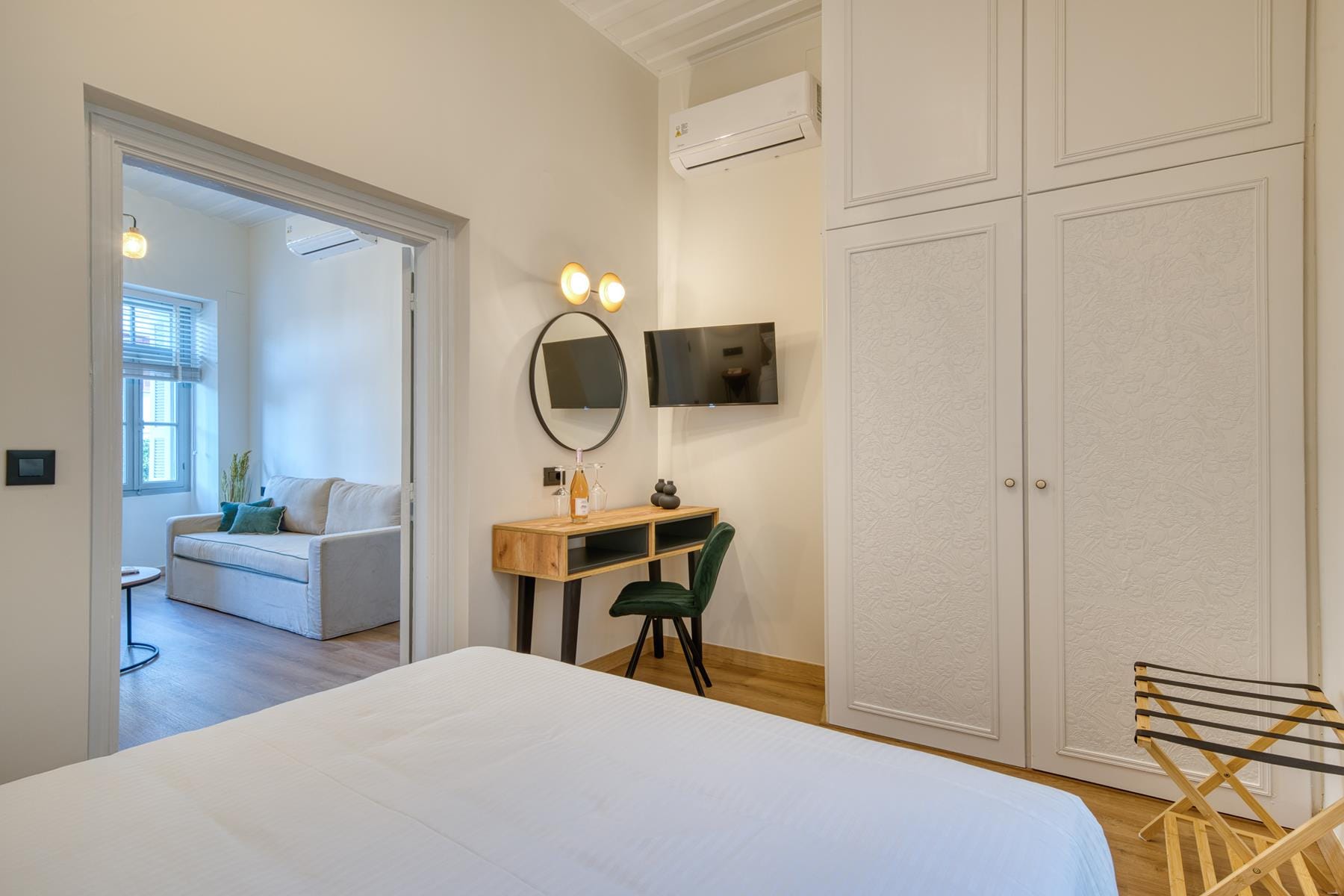 a room with a bed and a table