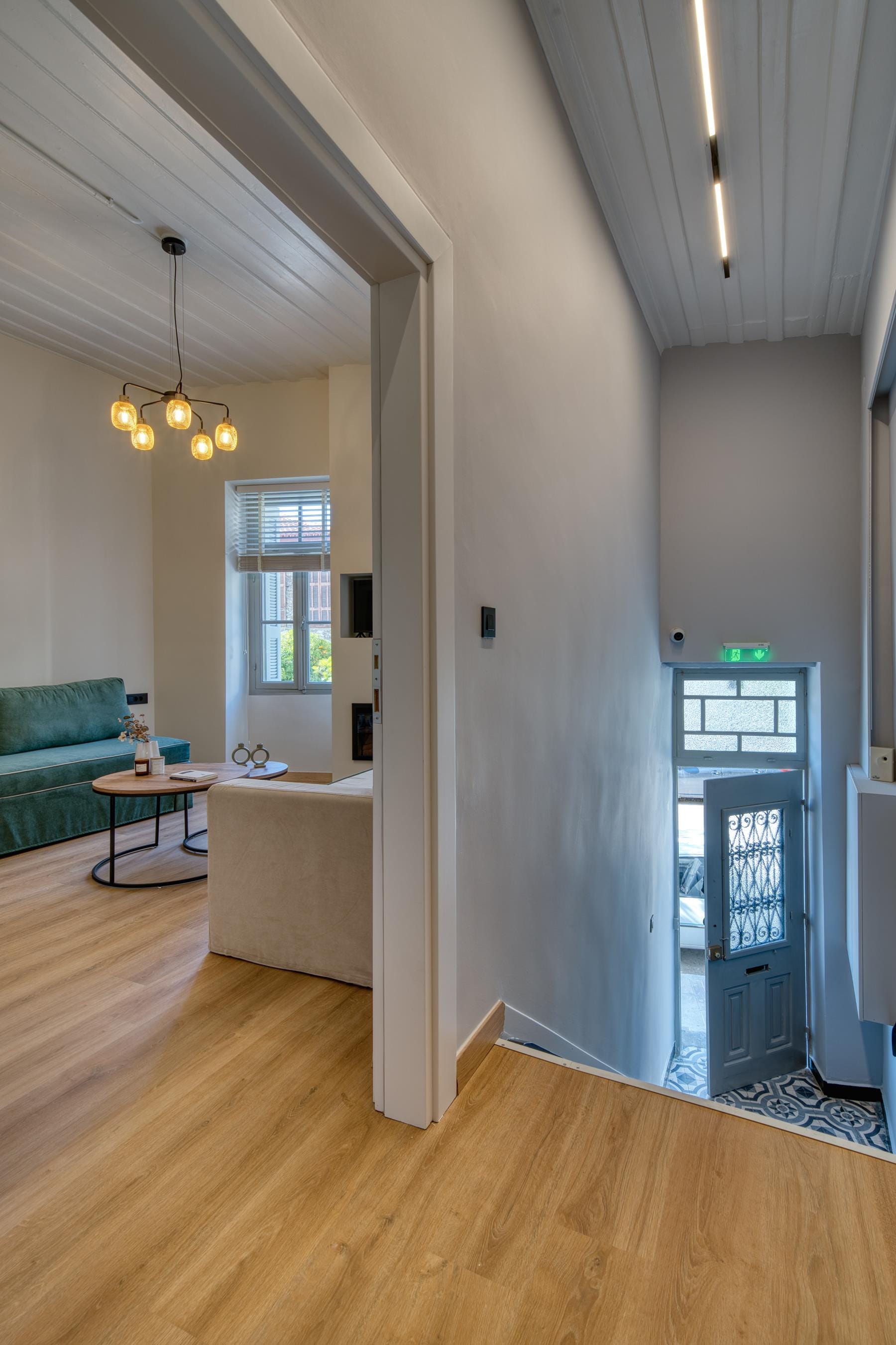 a living room with a wood floor