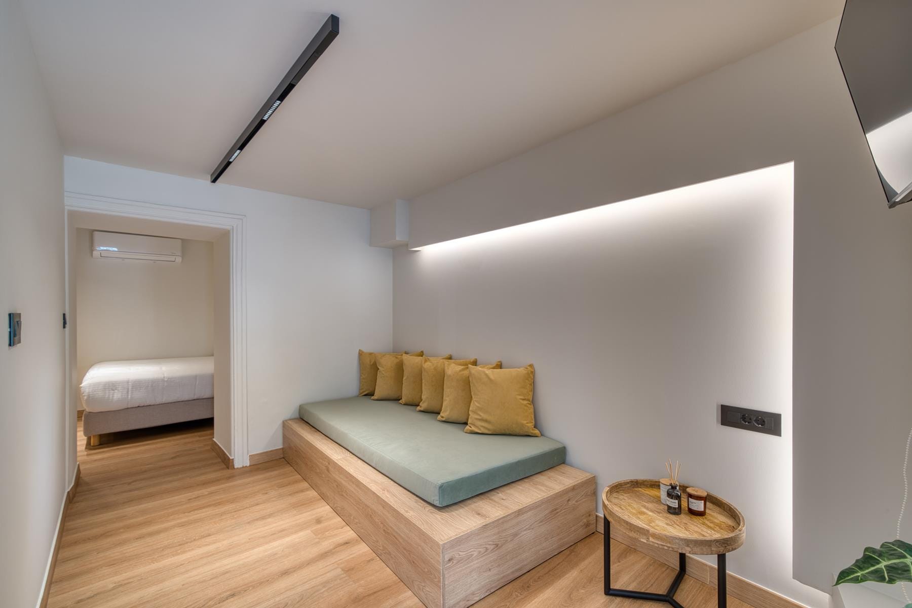 a room with a couch and a table