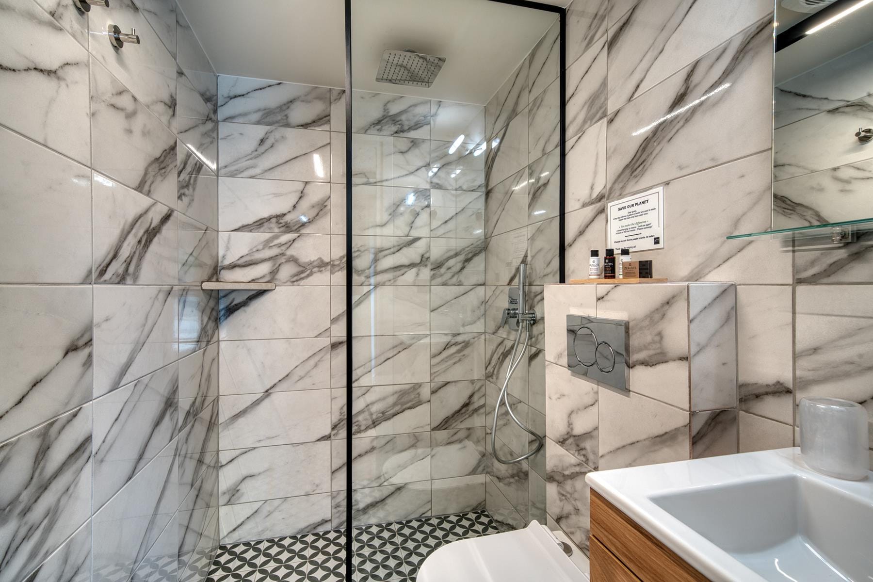 a shower with a glass door