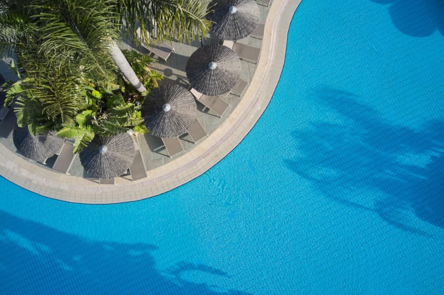 a pool with a walkway and trees