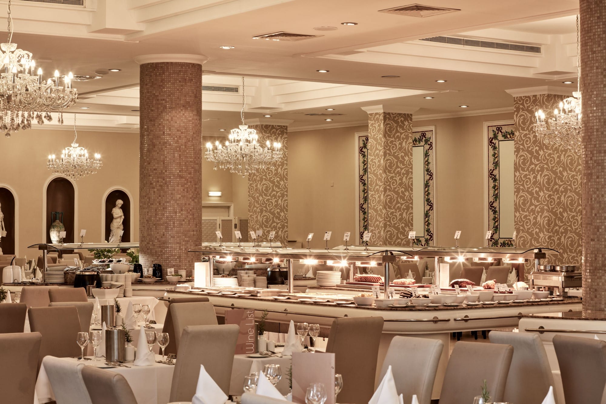 a large room with tables and chairs