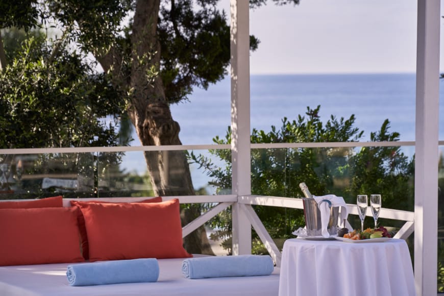 a table and chairs on a deck