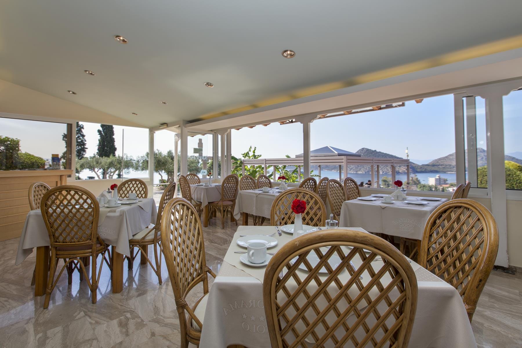 a room with tables and chairs