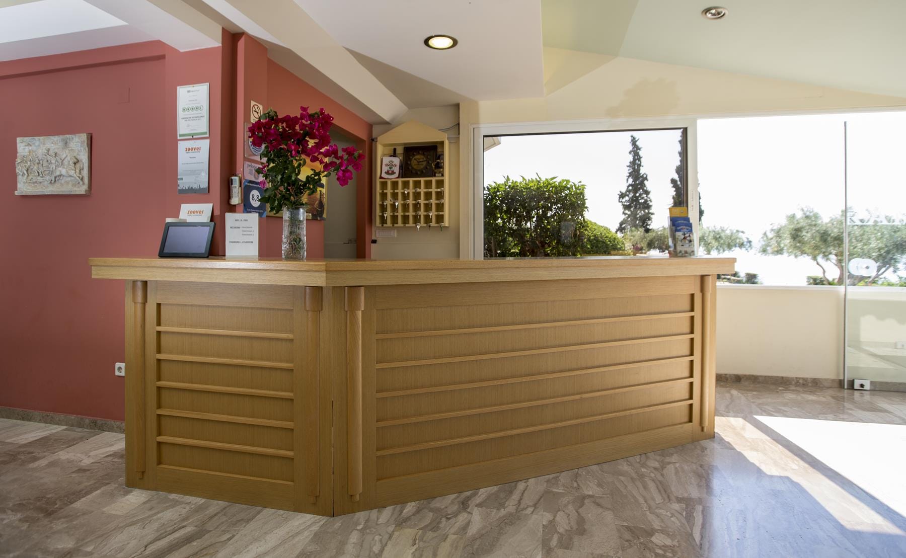 a kitchen with a large window