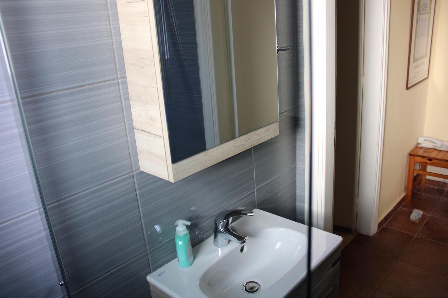 a bathroom with a sink and a mirror