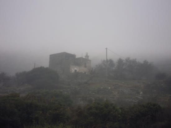 a building in the fog