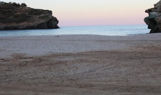a sandy beach with a body of water in the background