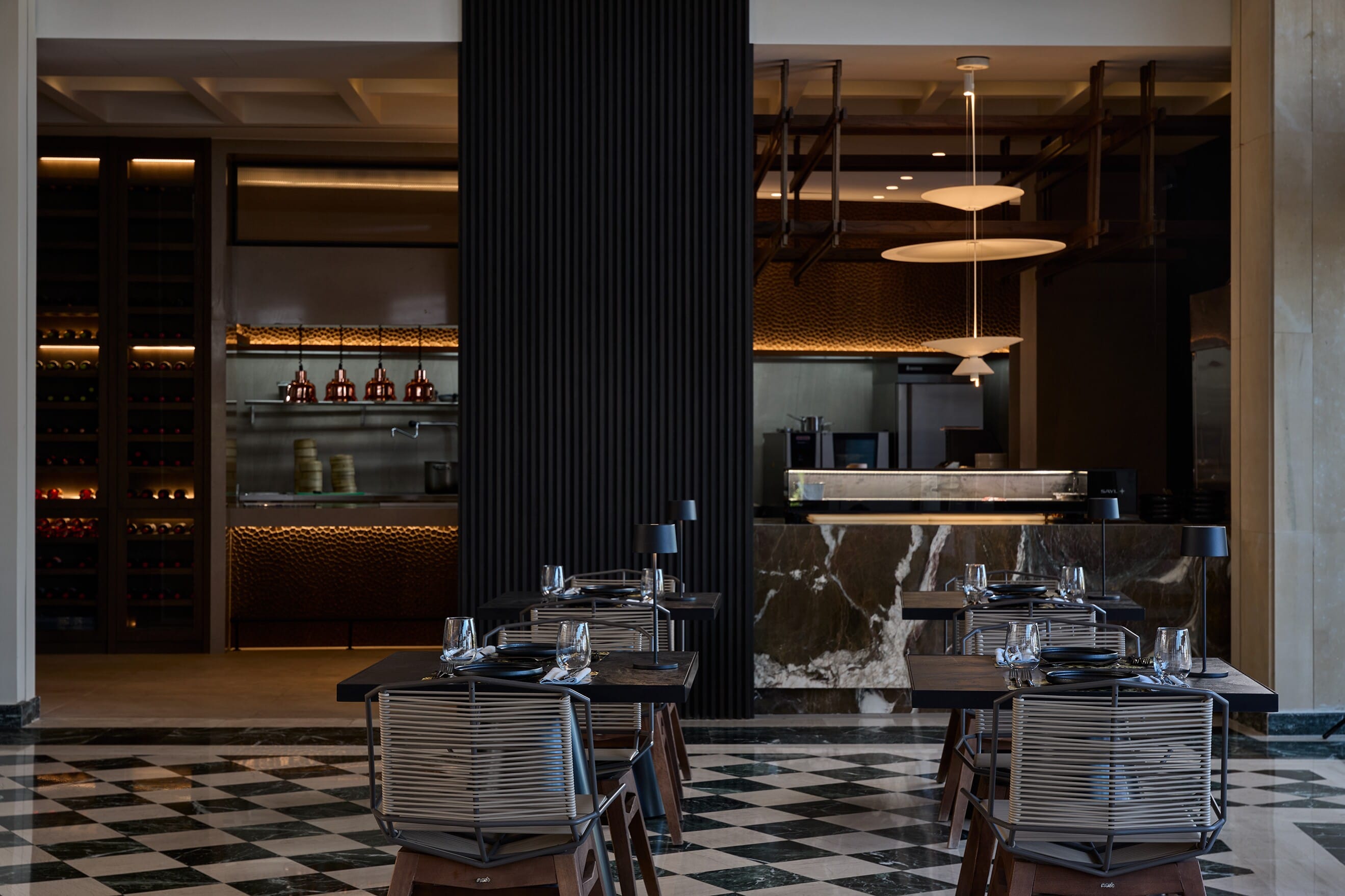 a room with tables and chairs