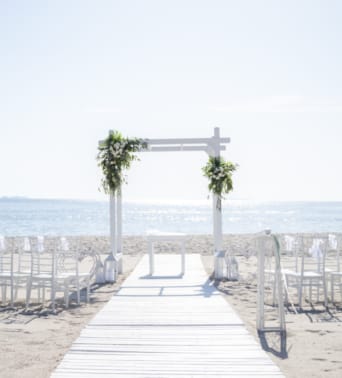 a boardwalk with palm trees and a body of water in the background
