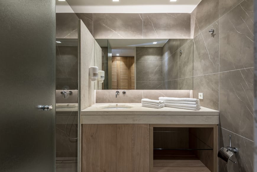 a bathroom with a glass shower
