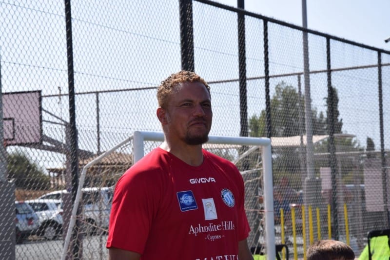 a man in a red shirt