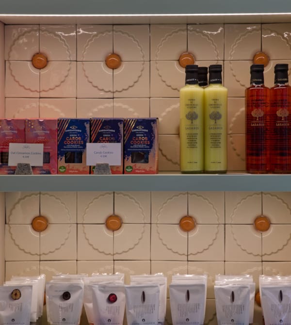 a shelf with many different products on it