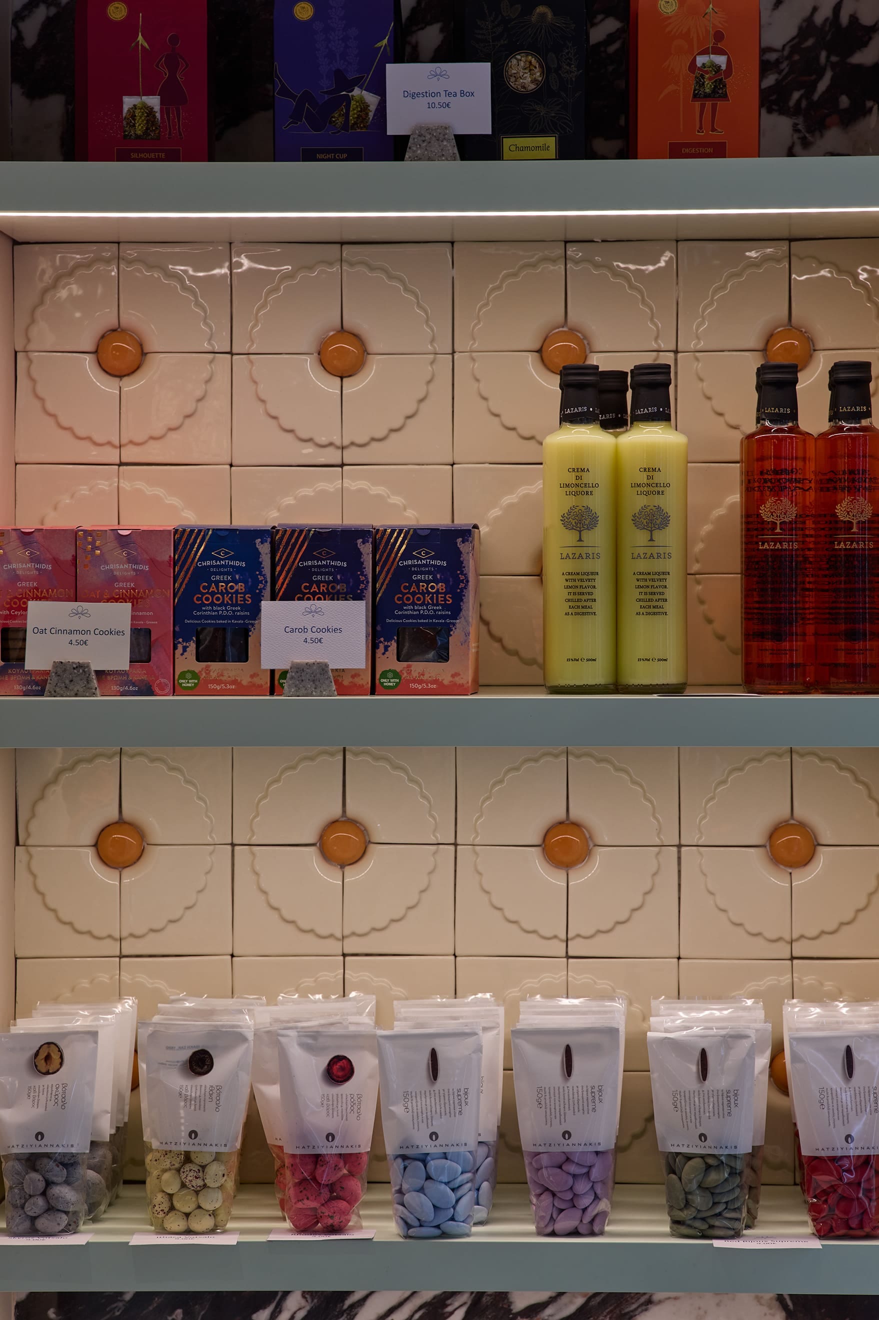 a shelf with many different products on it