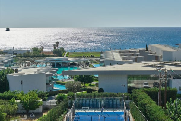 a high angle view of a swimming pool and a beach