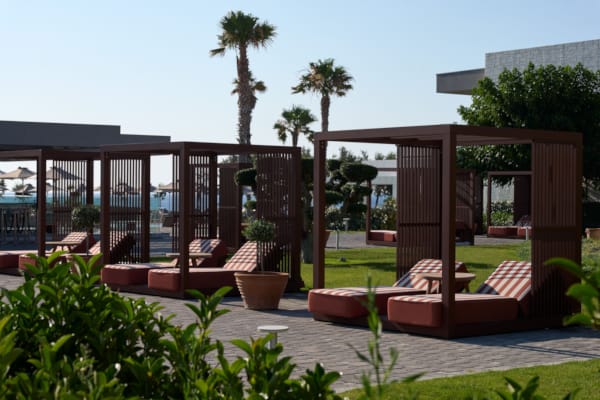 a patio with a deck and trees