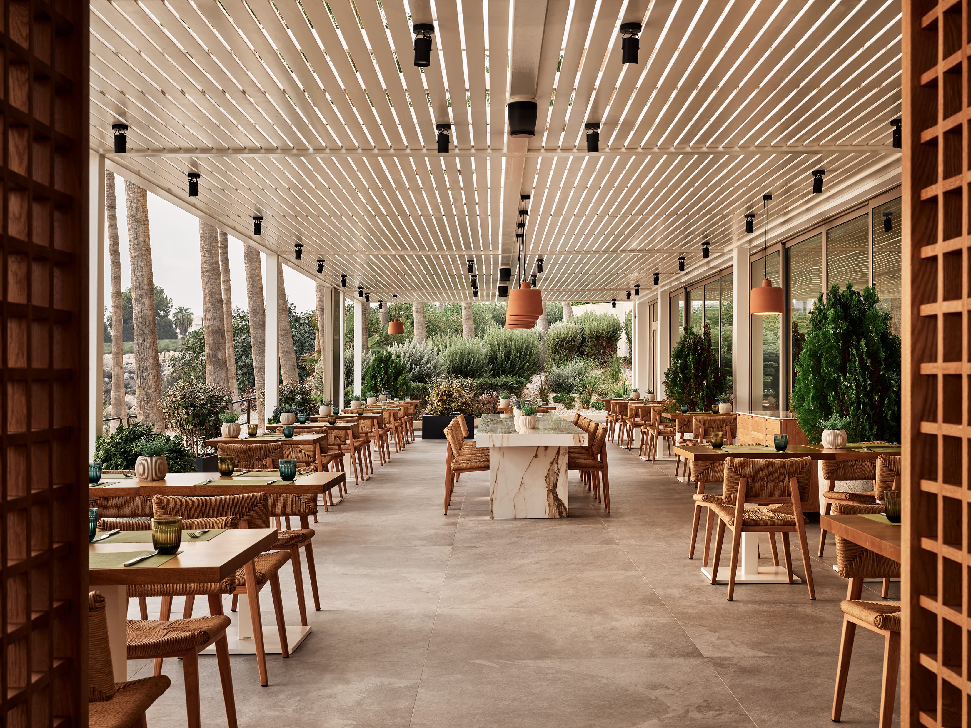 a room with tables and chairs