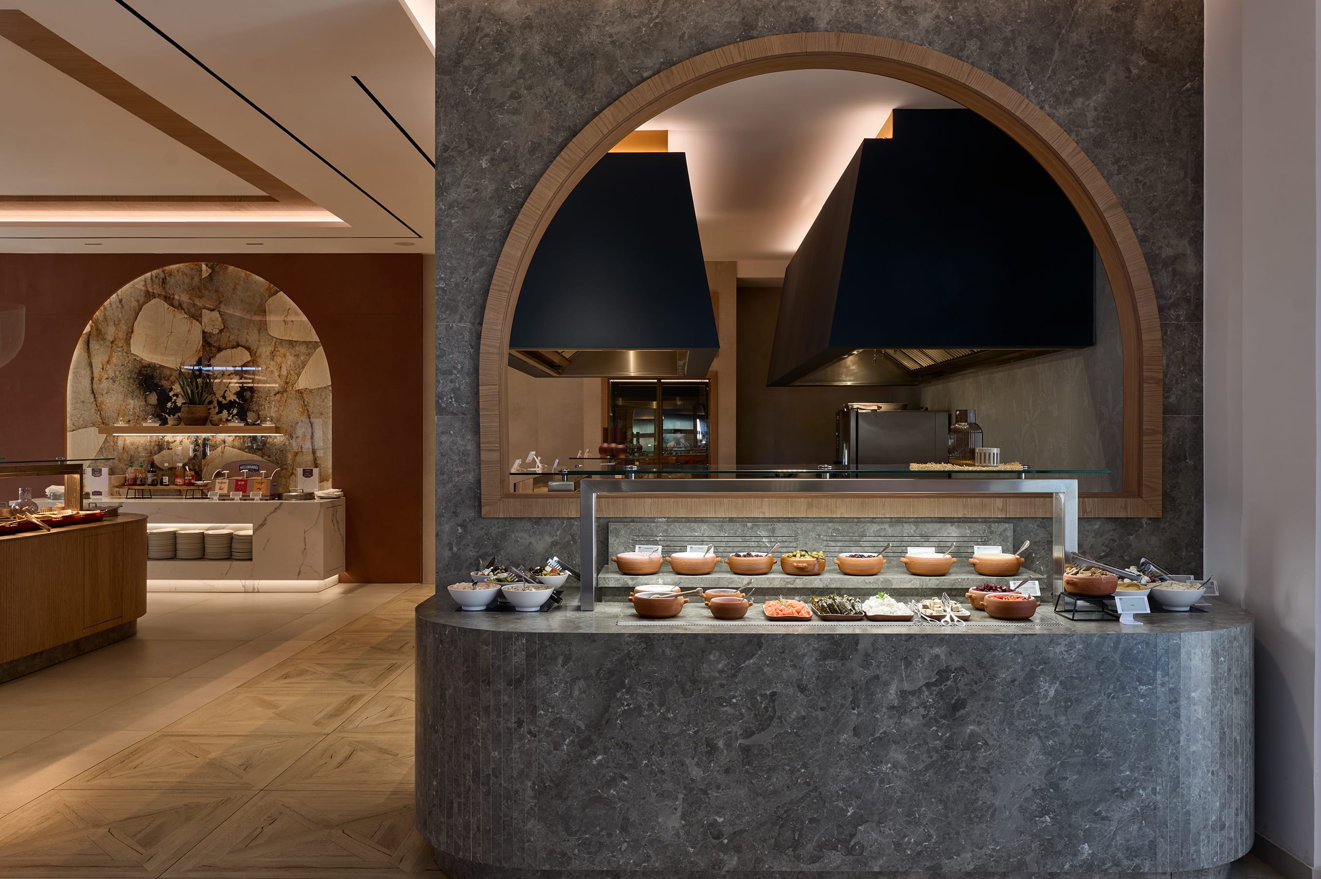 a kitchen with a fireplace