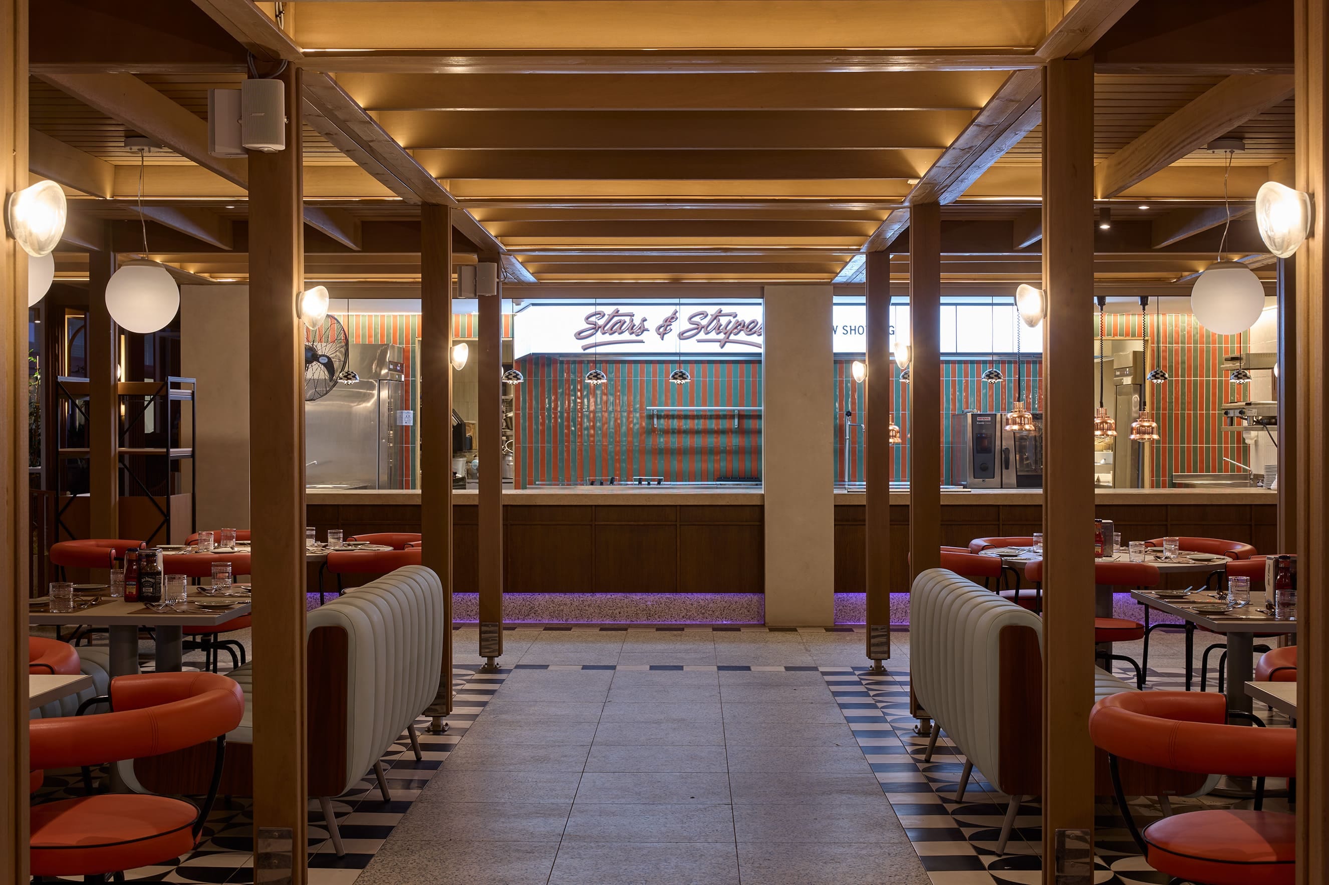 a room with tables and chairs