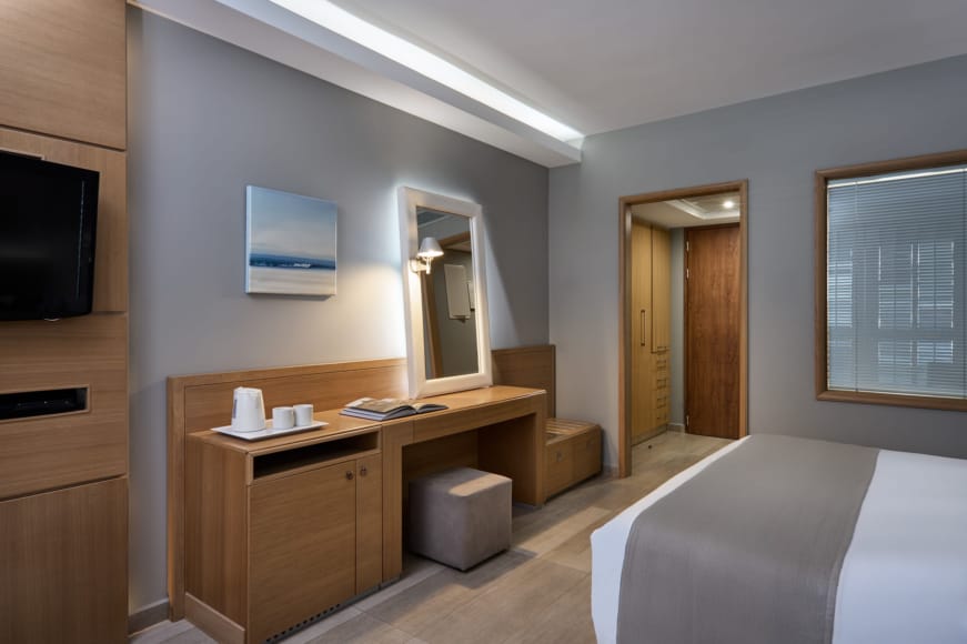 a room with a bed desk and a television