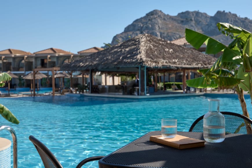 a pool with a hut on the side