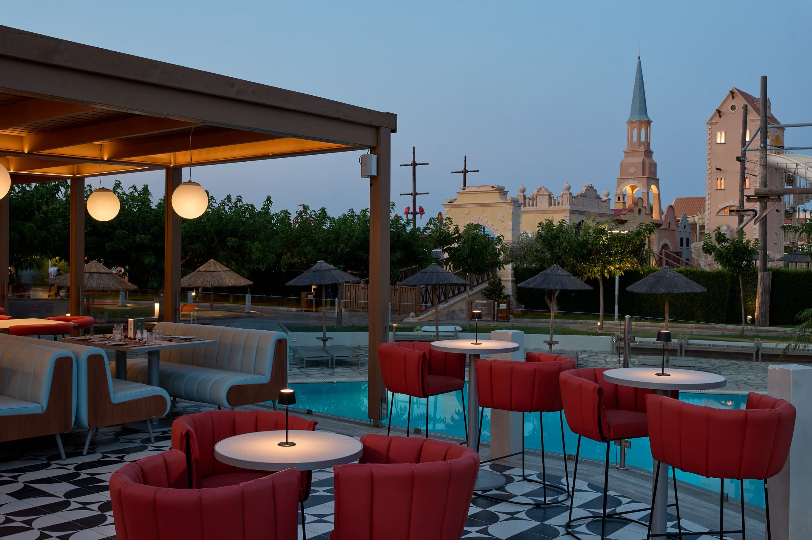 a group of tables and chairs outside