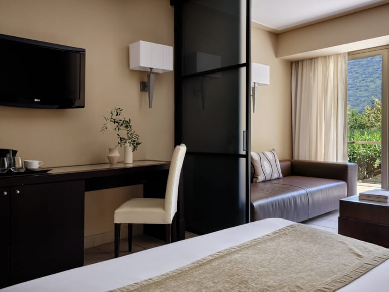 a room with a tv and a couch