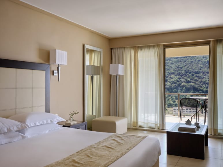 a hotel room with two beds