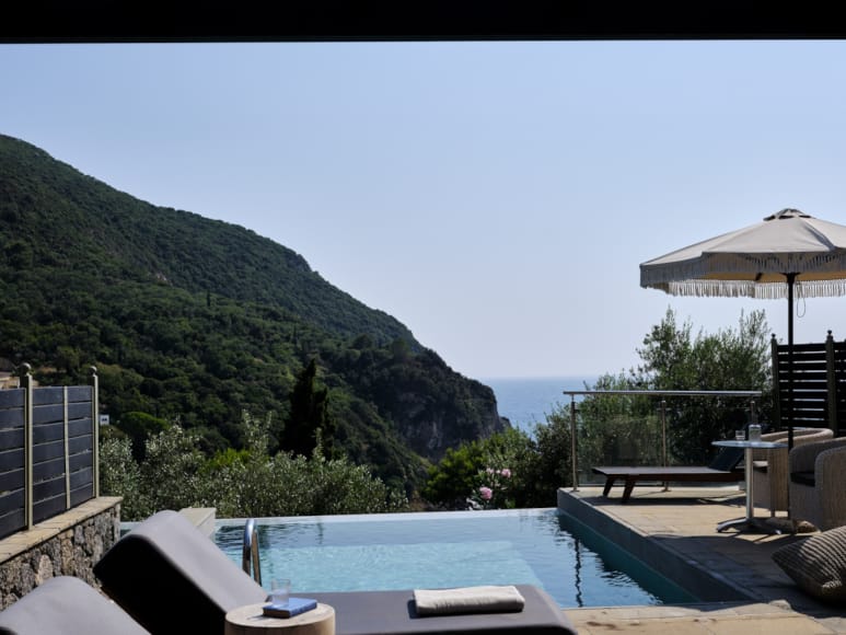 a pool with a mountain in the background