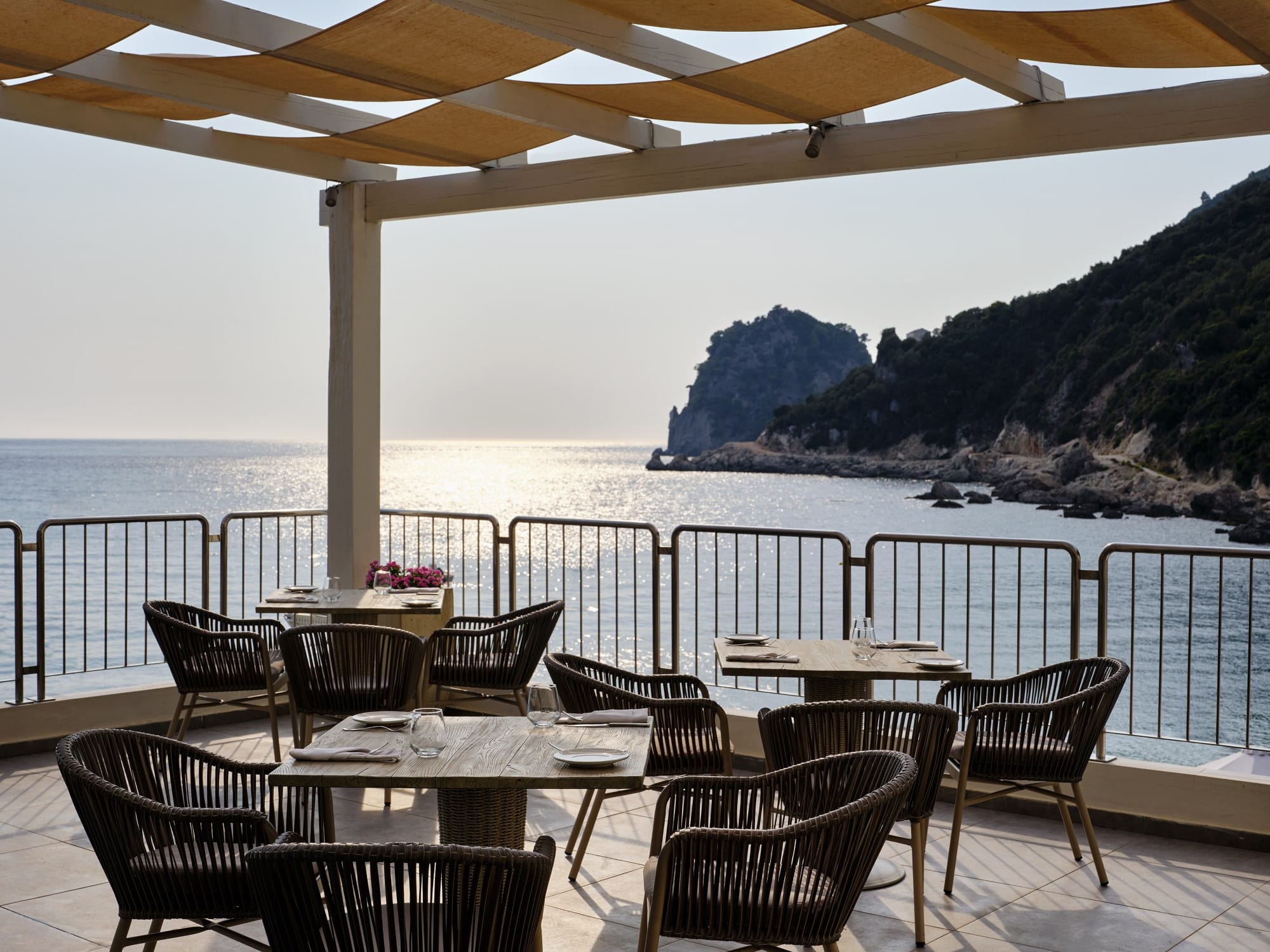 tables and chairs on a deck