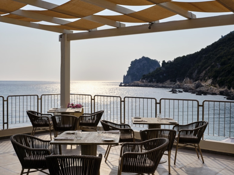 tables and chairs on a deck