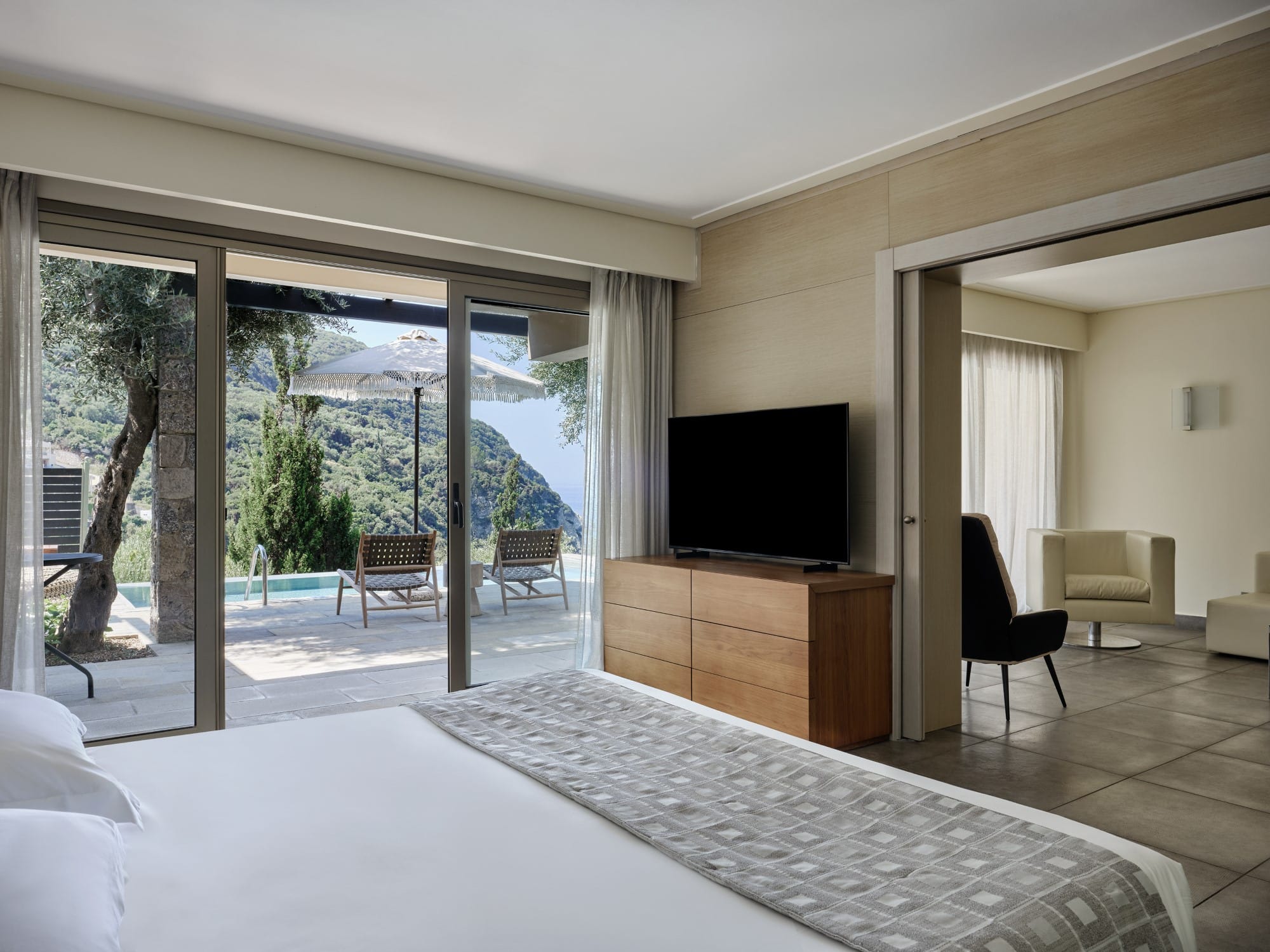 a living room with a large window