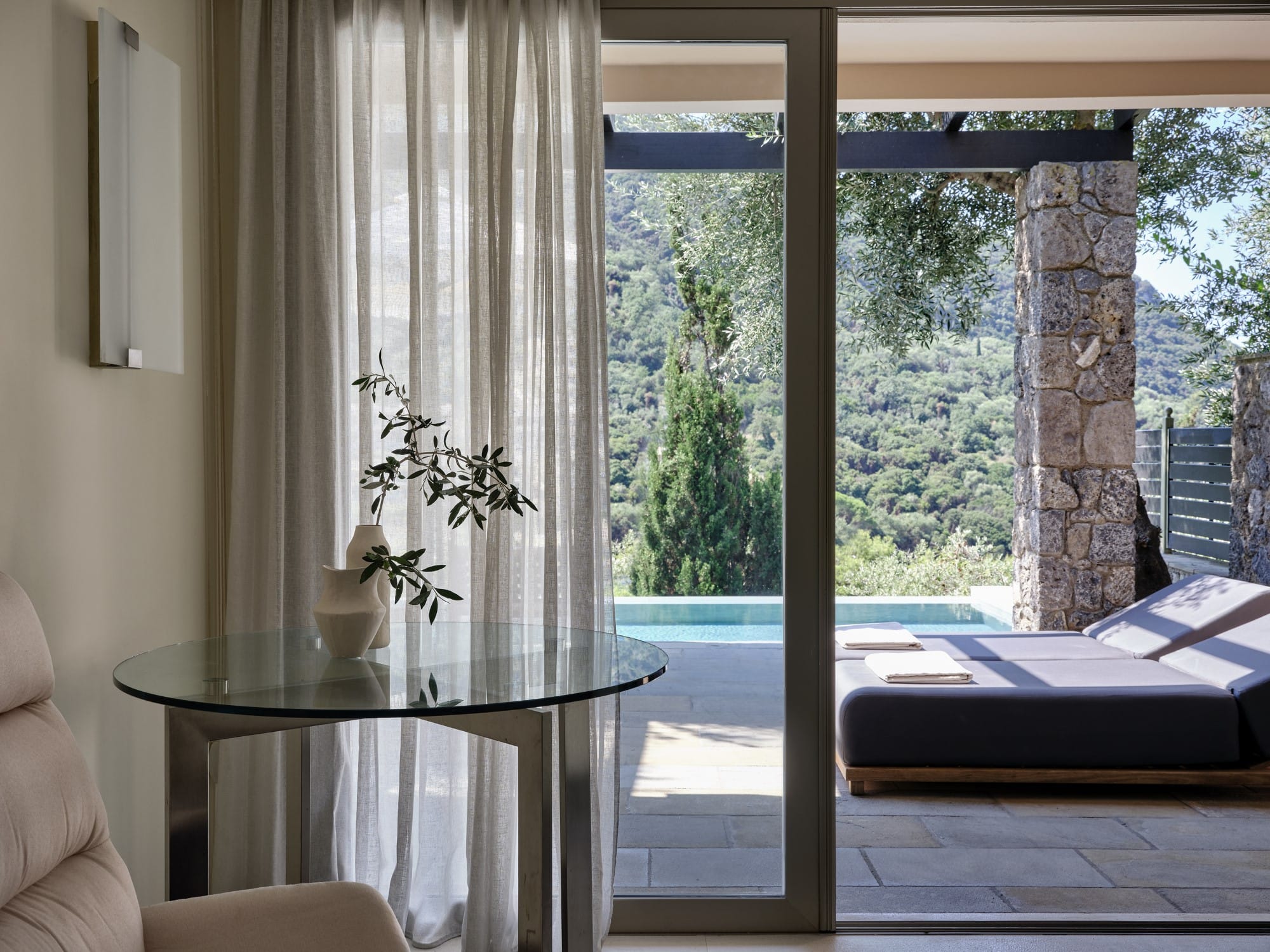 a room with a table and chairs