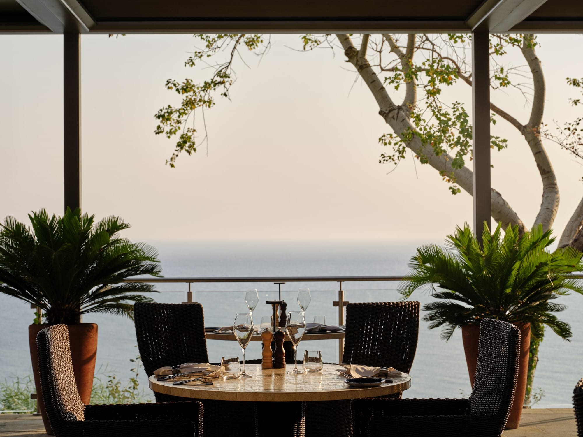 a table with chairs and a plant by a body of water