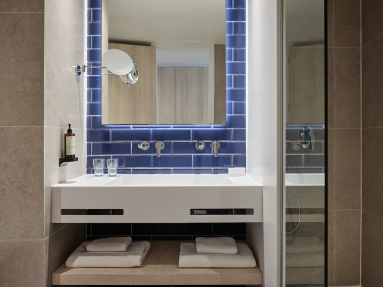 a bathroom with a glass shower