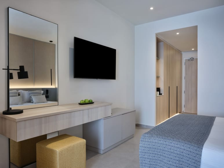 a room with a tv and a bed