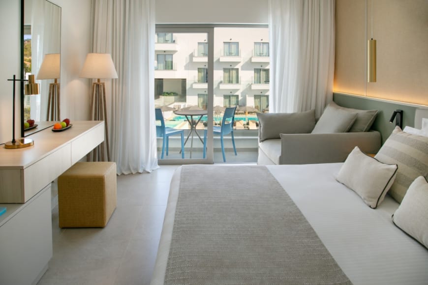 a room with a bed and a table