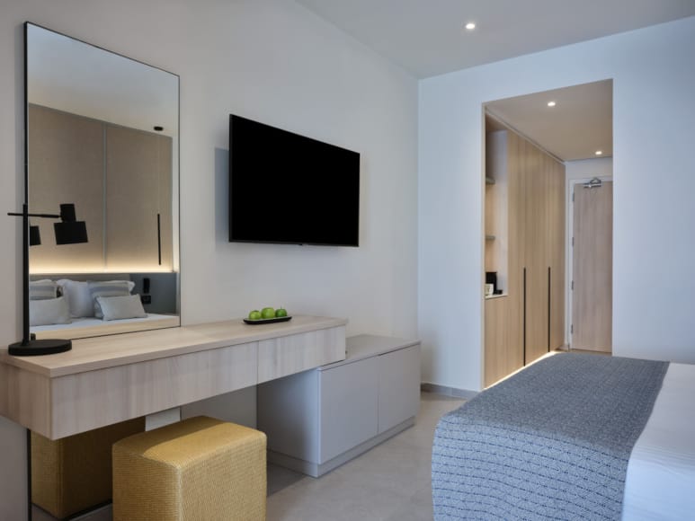 a room with a tv and a bed