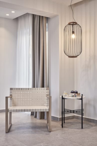 a white couch and a table