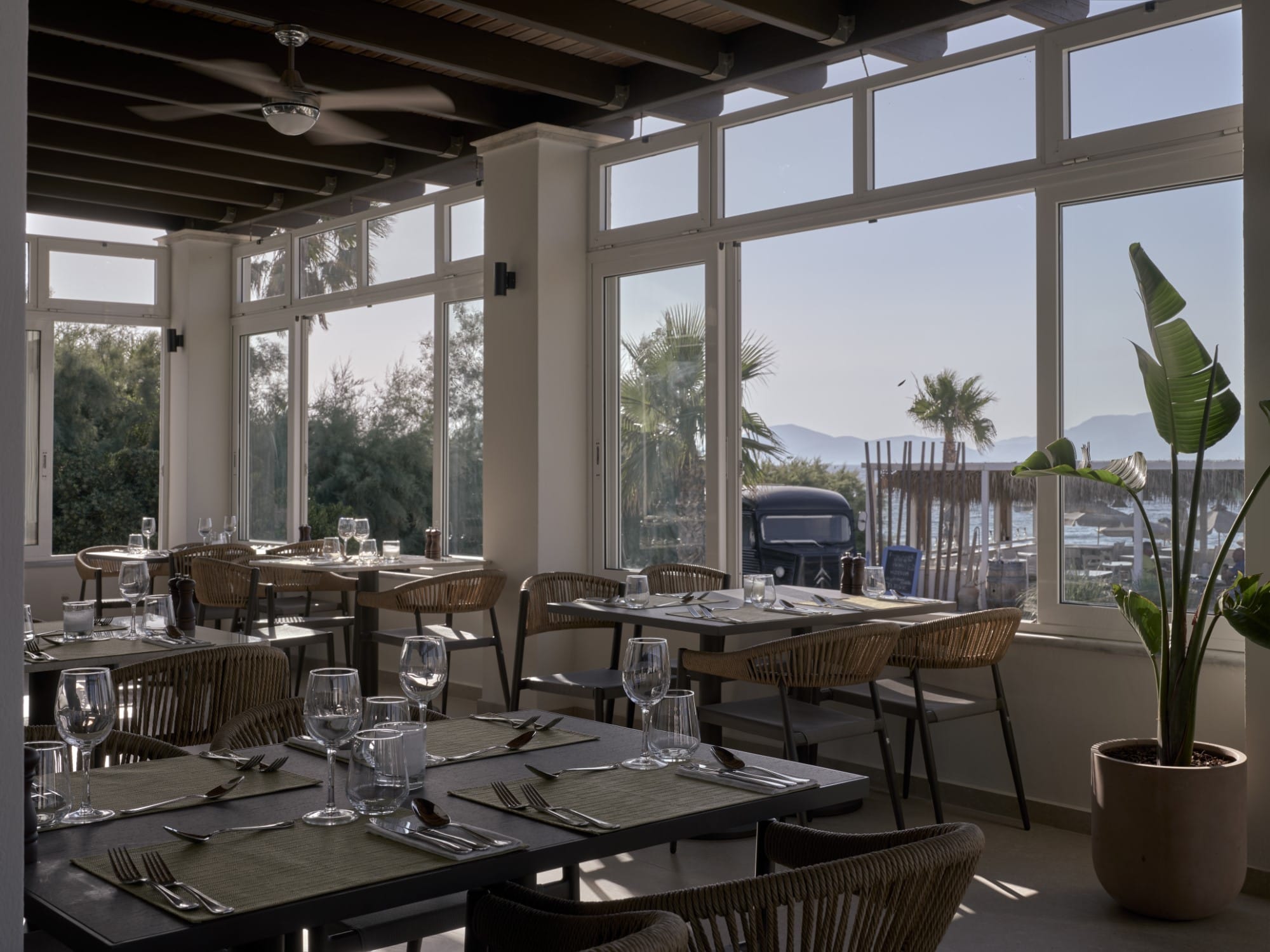 a room with tables and chairs