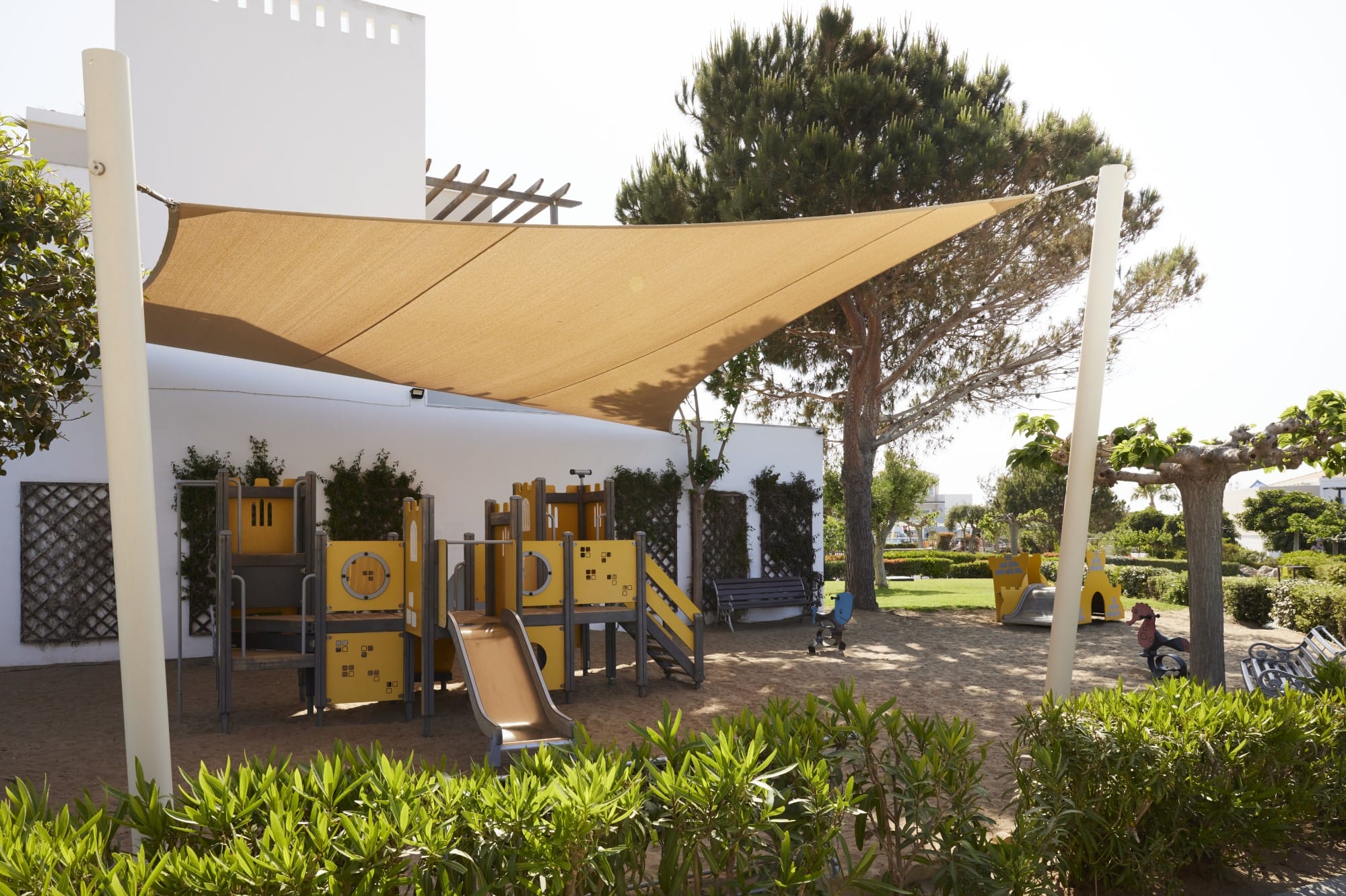 a building with a yellow awning