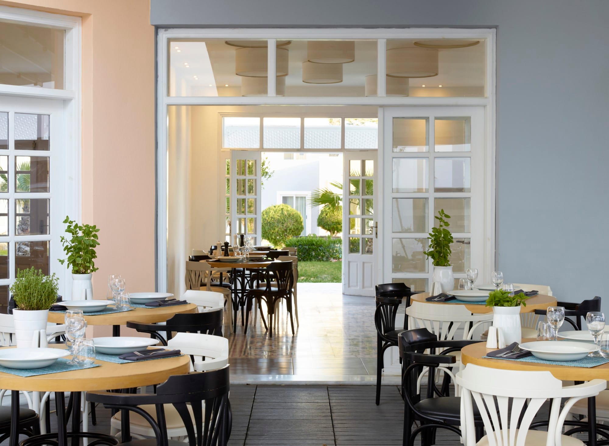 a room with tables and chairs